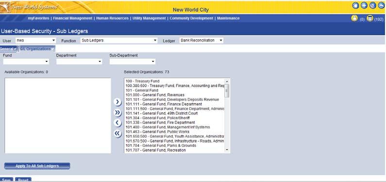 New World Systems 14 User Based Security/Sub Ledger General Tab The top portion of the Bank Reconciliation sub ledger has numerous checkboxes that correspond to different functions: Supervisor GL