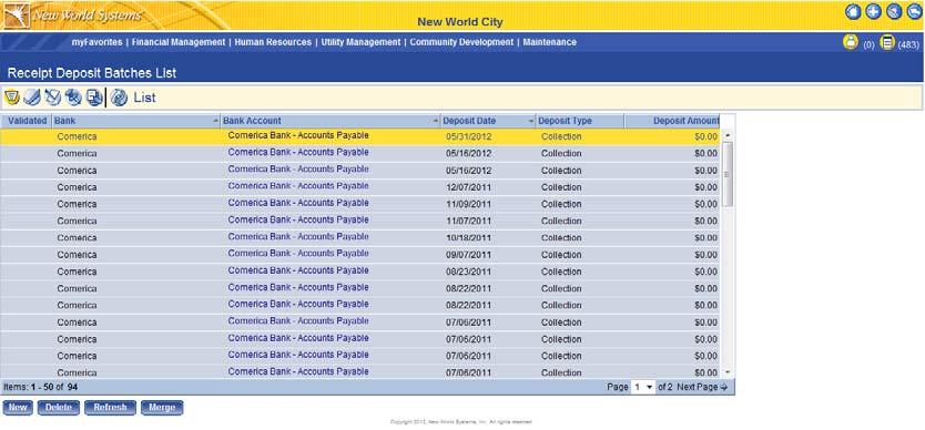 New World Systems 20 Collection Once revenue collection batches are posted in the Revenue Collections subledger, those receipts will show in the Receipt Deposit Batch list.