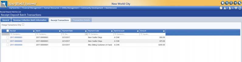 New World Systems 23 All receipts in a given Deposit batch are able to be viewed using