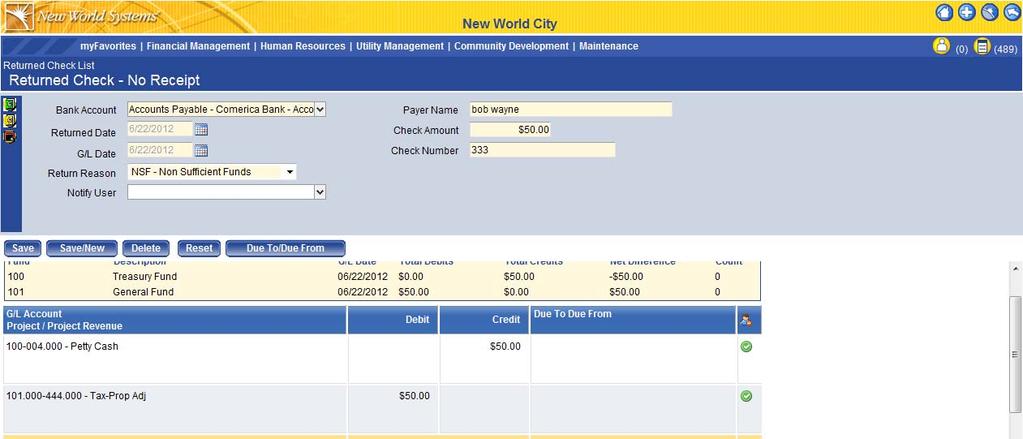 The G/L Distribution button can be clicked to review the journal that will generate when this returned check is posted.