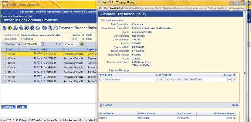 New World Systems 42 This enables users to inquire on the invoice or invoices that created this payment as well as inquire upon the Purchase Orders
