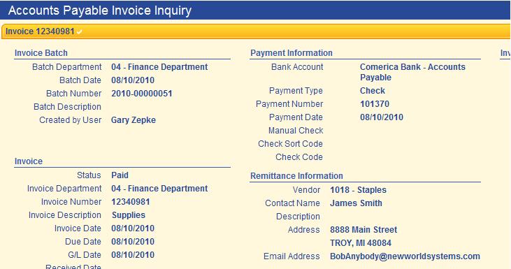 This will open the Accounts Payable Invoice Inquiry screen where all aspects of the invoice can be reviewed.