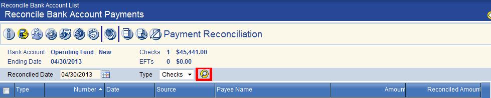 New World Systems 43 The Search Payment Reconciliation pop-up will be displayed.