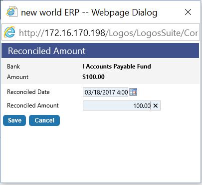 New World Systems 46 month s bank reconciliation, select the box to the left of the transaction. This will apply the wire to this month s Bank Reconciliation.
