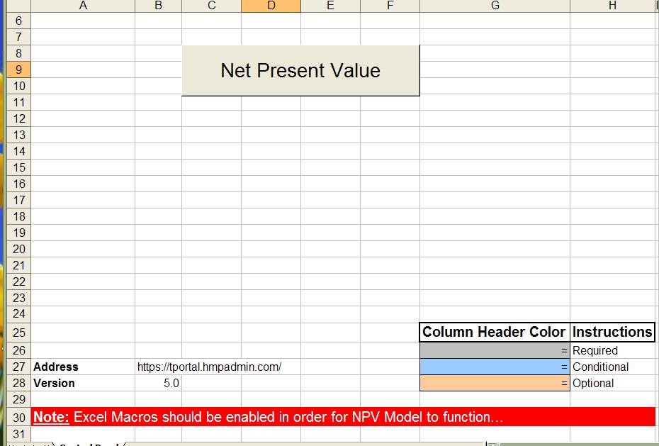 Performing the NPV Test Base NPV Model Spreadsheet The Net Present Value button allows you to navigate
