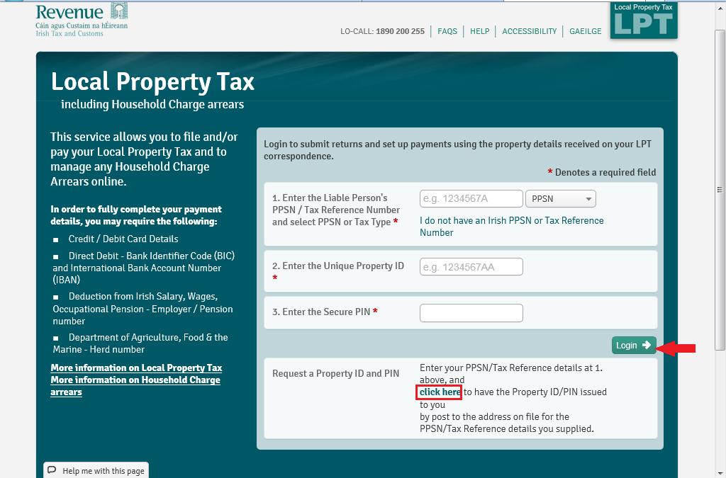 Screen below opens Enter the PPSN, Property ID and PIN where indicated and click Login.