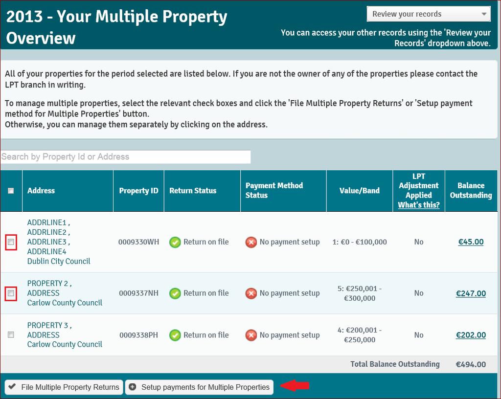 Local Property Tax Screen for Multiple Properties Select the