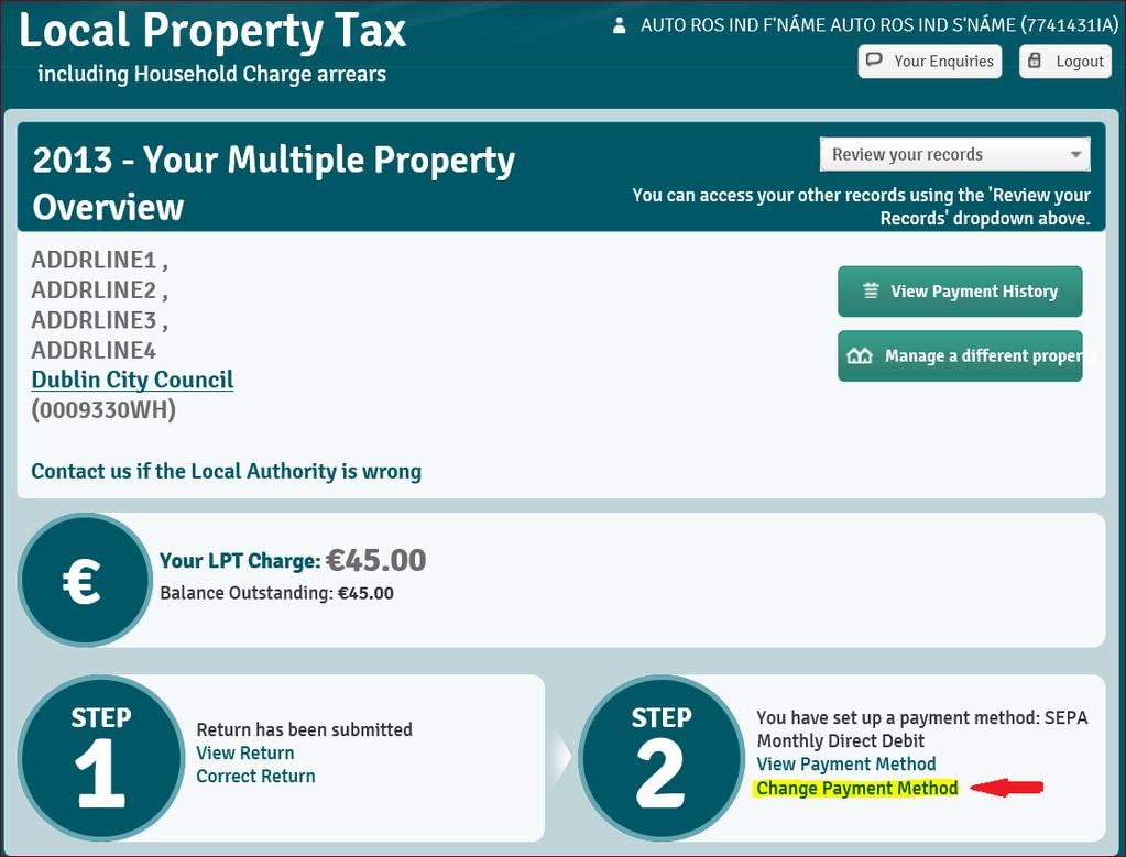 To make an amendment to a multiple property Direct Debit mandate select the relevant check boxes and click File Multiple Property Returns or Setup payment method for Multiple Properties buttons.