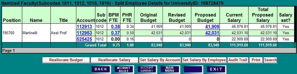SPLIT EMPLOYEE DETAILS SCREEN 1) Note the current Proposed Budget and Total Proposed Salary allocations brought into BPM after the PHR data freeze, and that the ledger 5 account is not budgetable in