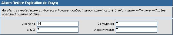 Agency Setup The Agency Setup consists of the Alarm Before Expiration (in Days), Advisor Checks, Advisor Check Prompting and Appointment State Selection