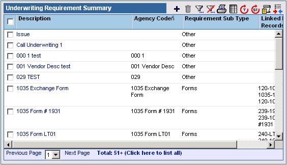 To display a Summary for underwriting requirements, click the Search button without entering any search criteria.