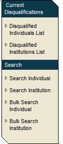 The side navigation bar displays the options available: Six Options are available: The first two options allow the user to view the disqualified individual list and the disqualified institution list.