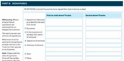 PART D. Signatures Each Settlor/Donor and additional Trustee must complete and sign the boxes in Part D.