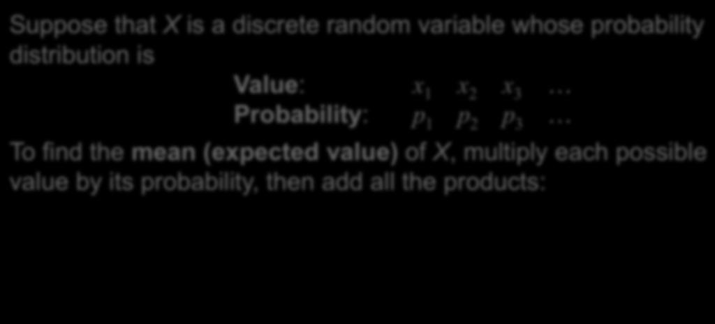 Mean (Expected Value) of a Discrete Random Variable The mean of any discrete random variable is an average of the possible outcomes, with each outcome weighted by its probability.