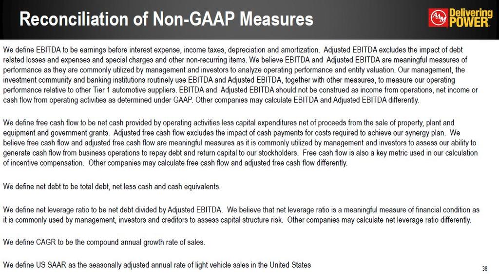 Reconciliation of Non-GAAP Measures * We define EBITDA to be earnings before interest expense, income taxes, depreciation and amortization.