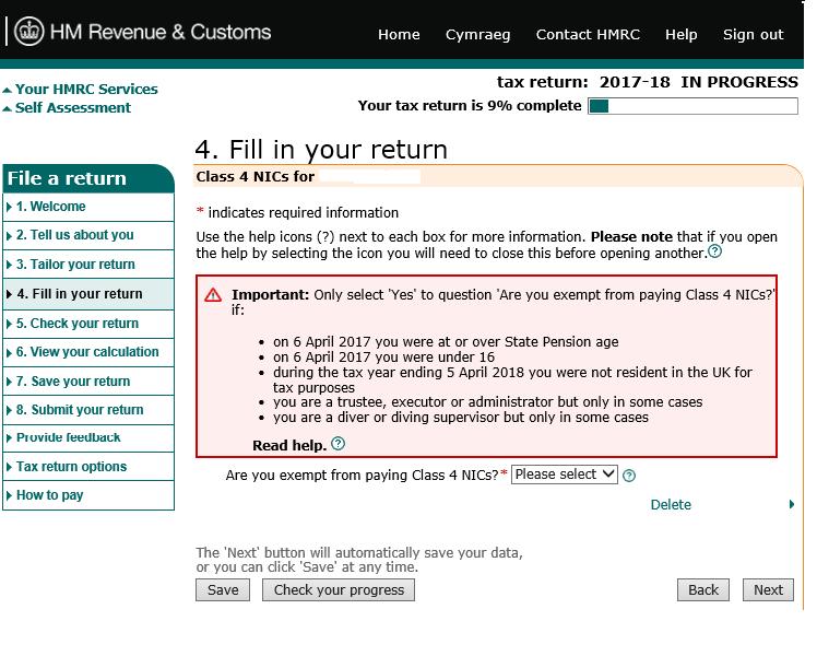 On the next screen, you will need to select whether you are exempt from paying Class 4 NIC