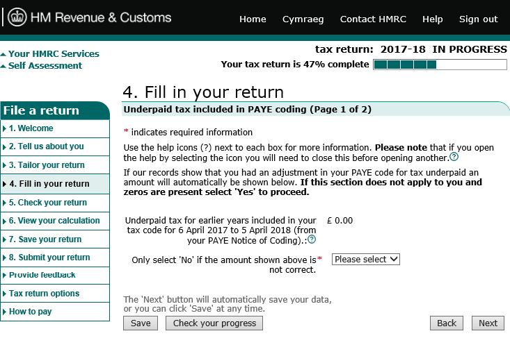 Underpaid and overpaid tax When you have completed your specific income information, you will arrive at this screen,