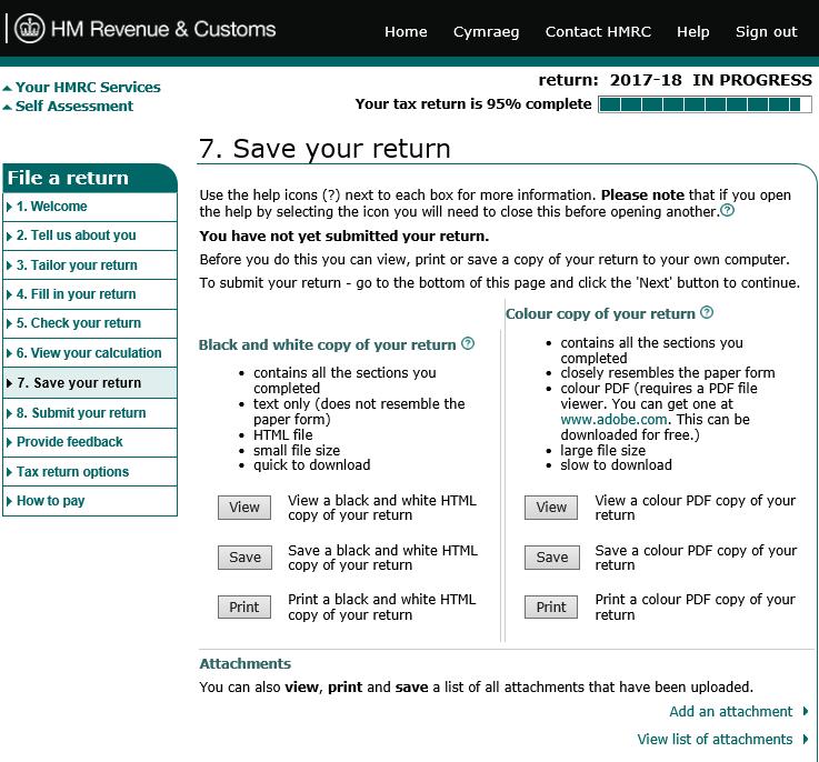 Onto section 7 now, and here you can view, print and/or save a copy of your return to your own computer.