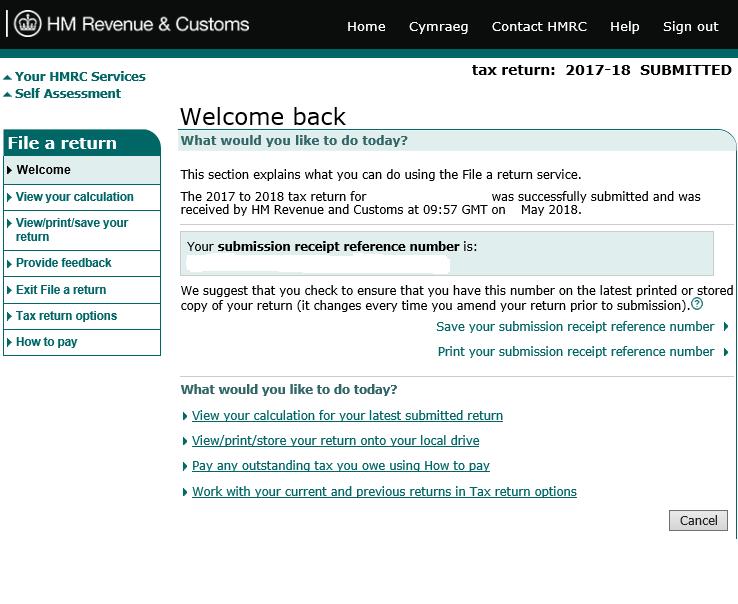 You can log out and log back in later if preferred to check that your return has been received.