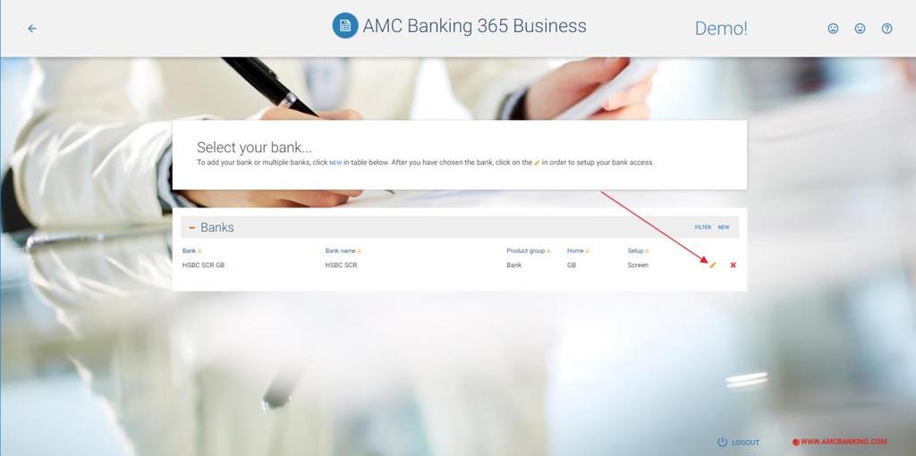 4) The next step is to create a connection between AMC Banking 365 Business and the selected bank. Click at Edit Type the credentials you have received from the bank and click Connect.