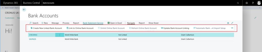 online bank account to an existent bank account in Microsoft Dynamics 365 Business Central Remove a link to an online bank account Update linking status of any non linked bank account in Microsoft