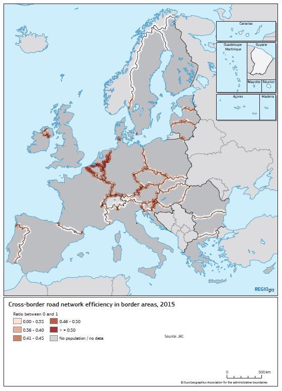 Map 3-14 Cross-border road network efficiency in border areas Access to cross-border transport also varies across the EU.
