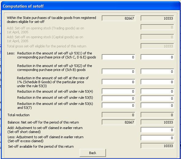 Set off Entry in MVAT : This page is for entering reductions in the set off figures, so click on Computation of set off -> Automatically your Taxable figure & Tax figure will appear -> Below there
