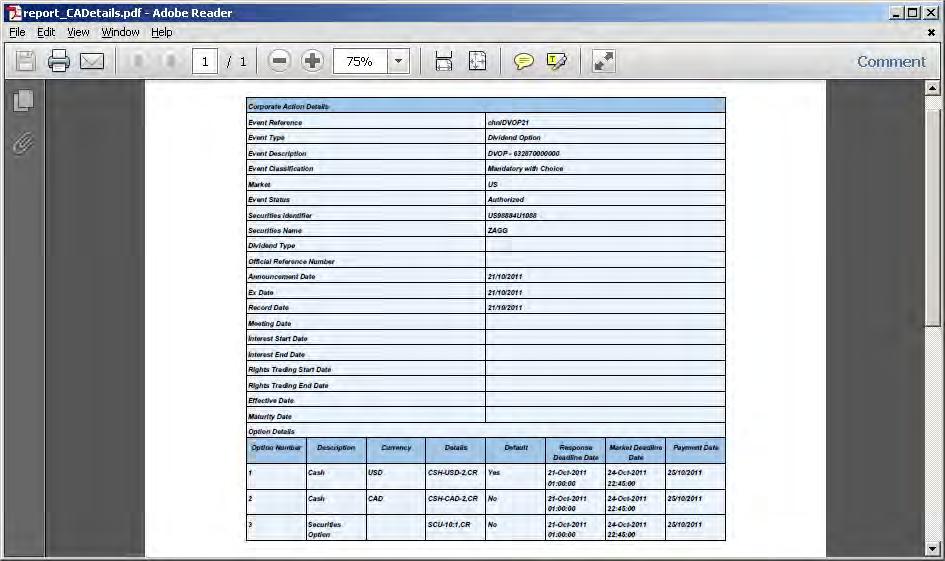The following image displays the exported data in PDF of Corporate Actions Details screen, it also includes the Corporate Actions Details along with the Option Details table data. 2.