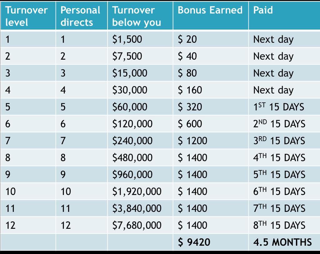 Level 2 income, member needs to have 2 direct and appropriate turnover below. (i.e 1 personal direct for each level.