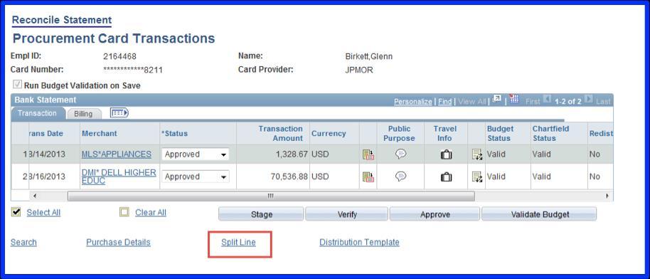 Split Line Hyperlink: Select to link to the Split Transaction page. Click the + to add an additional row for the selected transaction.