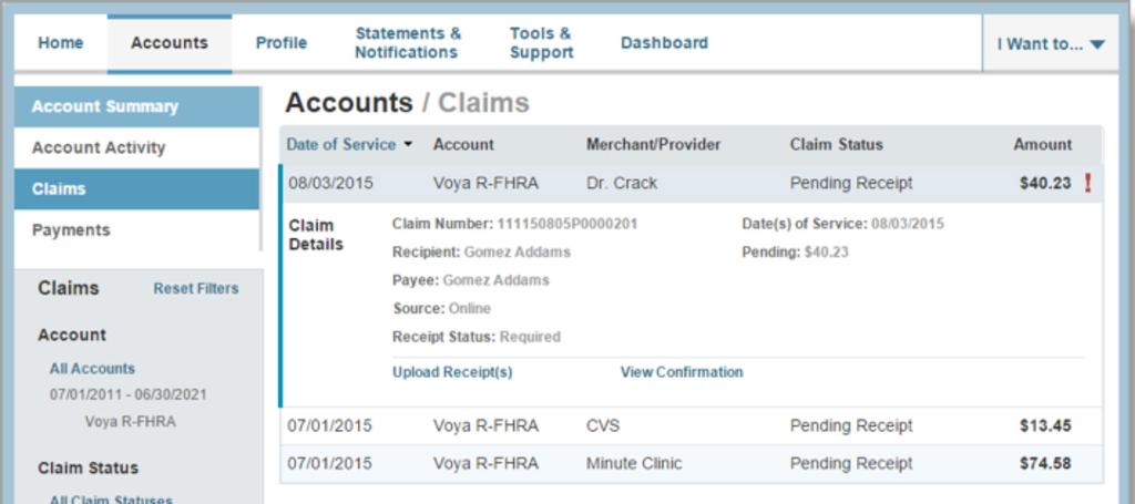 To upload a receipt for a previously filed claim, click Upload Receipt(s) and follow the instructions.