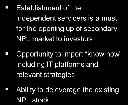 Accelerated timetable NPLs servicing & sales Legal framework that allows the opening up of secondary NPL market, introduced in December 2015 a) Establishment of