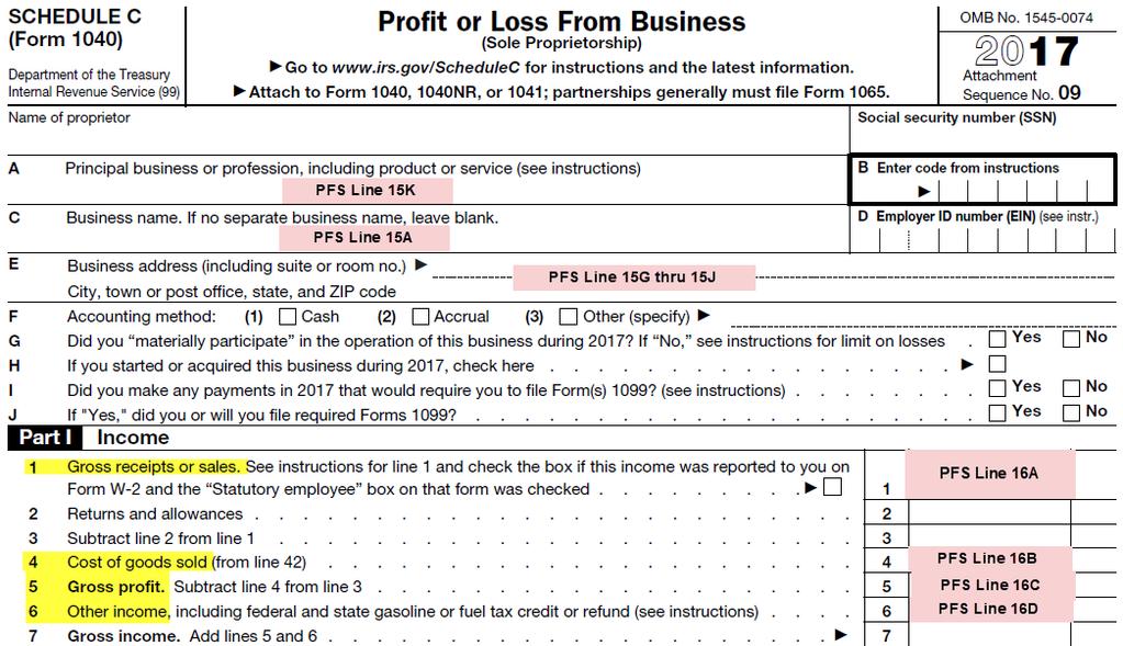 If you have a Schedule C, you have a Sole Proprietorship. On PFS Line 6H, answer Yes. You will be required to complete Section 15 for Business/Farm information.