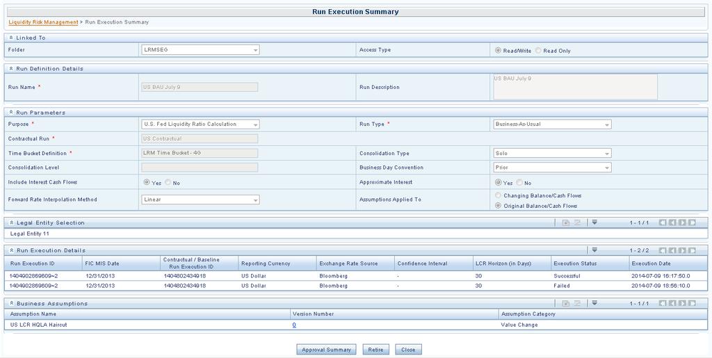 The Run execution summary is displayed as follows: Figure 52 Run Execution Summary 1. All the parameters entered as part of the Run Definition window are displayed in an un-editable form. 2.