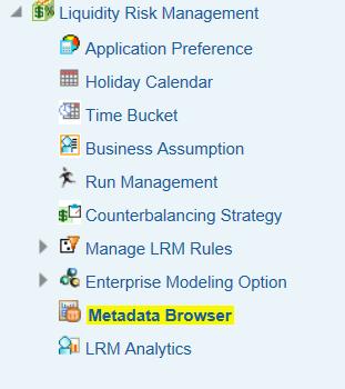 9 Viewing LRM objects in Metadata Browser The Liquidity Risk Management under Oracle Financial Services Analytical Applications has the Metadata Browser (MDB).