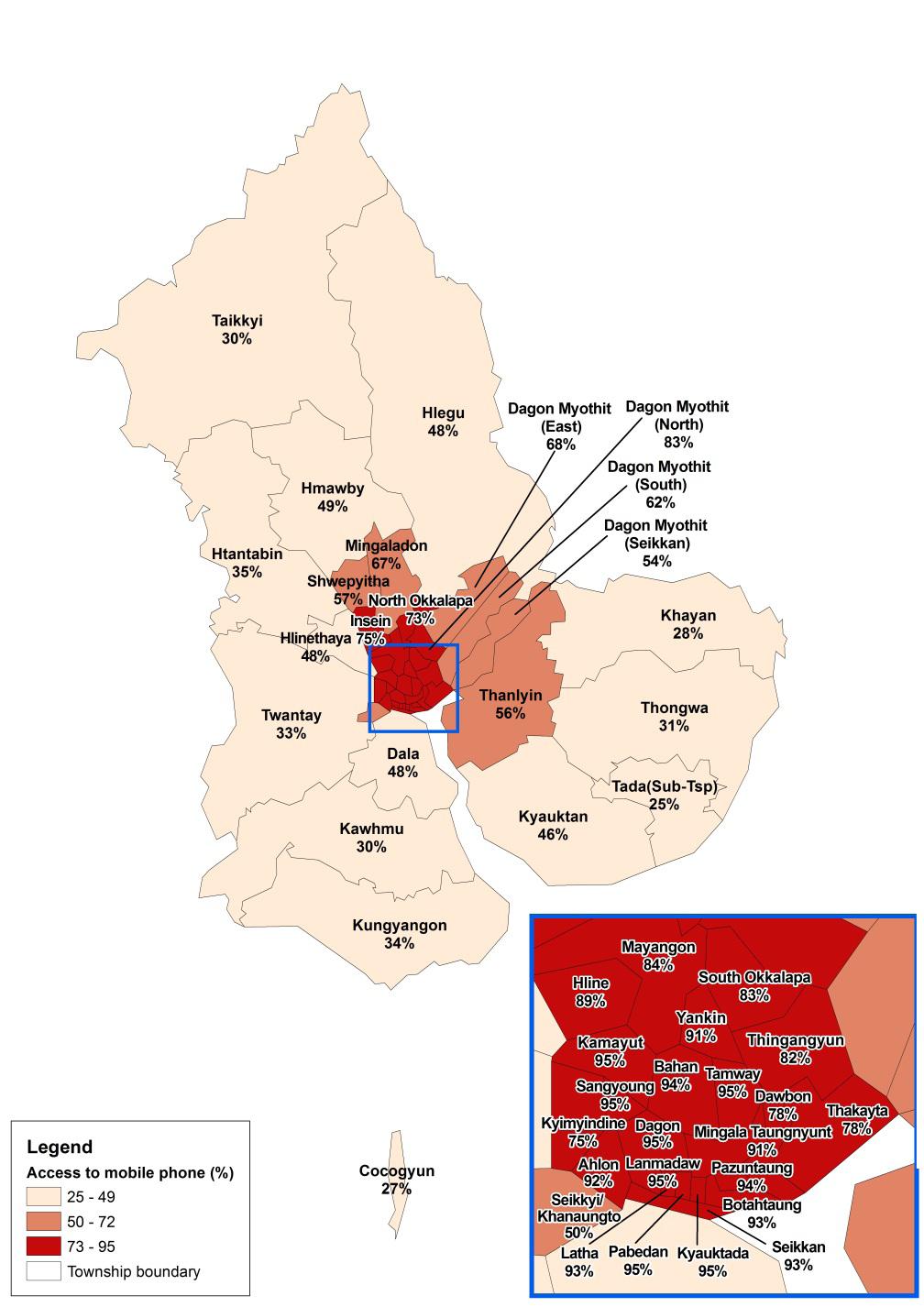 Figure 19: Proportion of households with access to mobile phone Union : 32.9% Yangon Region : 60.9% West District : 89.1% Lanmadaw Township : 95.