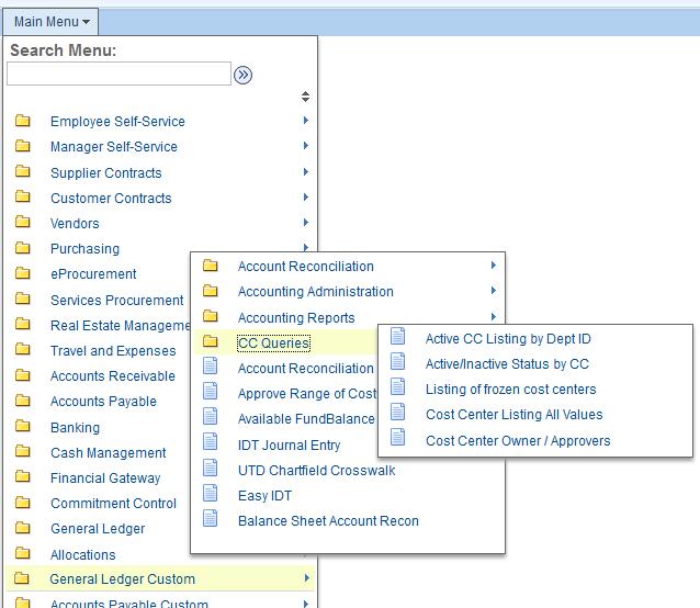 Cost Center Reports Use the following menu paths to access Queries: Gemini