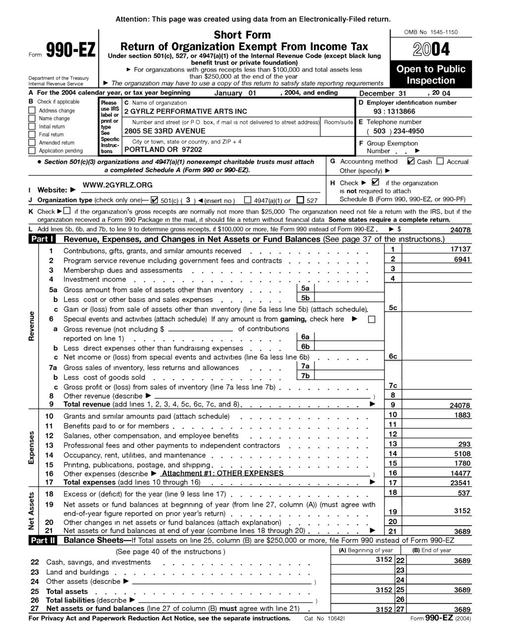 Short Form Return of Organization Exempt From Income Tax OMB No 1545-1150 Form 990 -EZ Under section 501(c ), 527, or 4947( a)(1) of the Internal Revenue Code (except black lung 2004 benefit trust or
