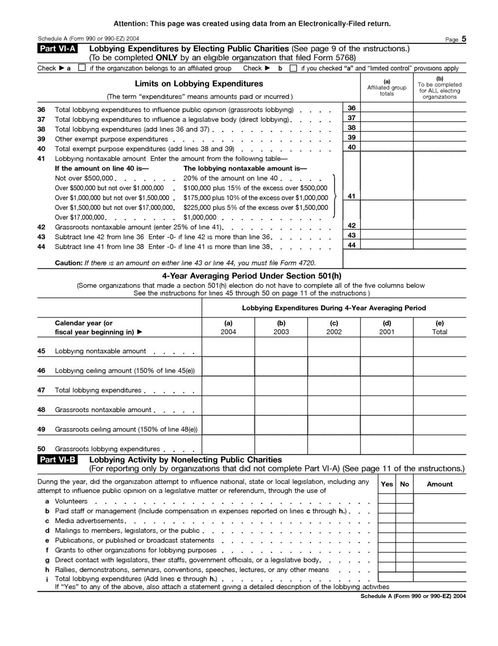 Schedule A (Form 990 or 990-EZ) 2004 Page 5 Lobbying Expenditures by Electing Public Charities (See page 9 of the instructions.
