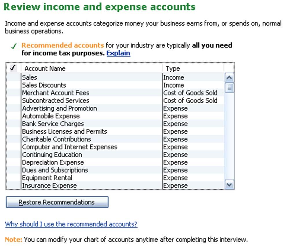 QuickBooks Set-Up - Interview The next screen will indicate that a chart of accounts needs to be set-up. Then you will be prompted to choose the beginning of your fiscal year.
