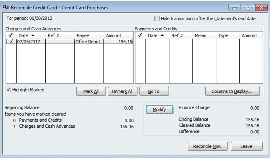 Choose Company Credit Card when prompted for the Account, enter the statement date and
