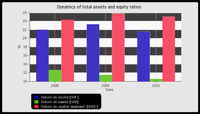 The return on assets was equal to 10.5% for the year 2010, though the return on assets was higher - 12.6% ( the decrease made 2.1%).