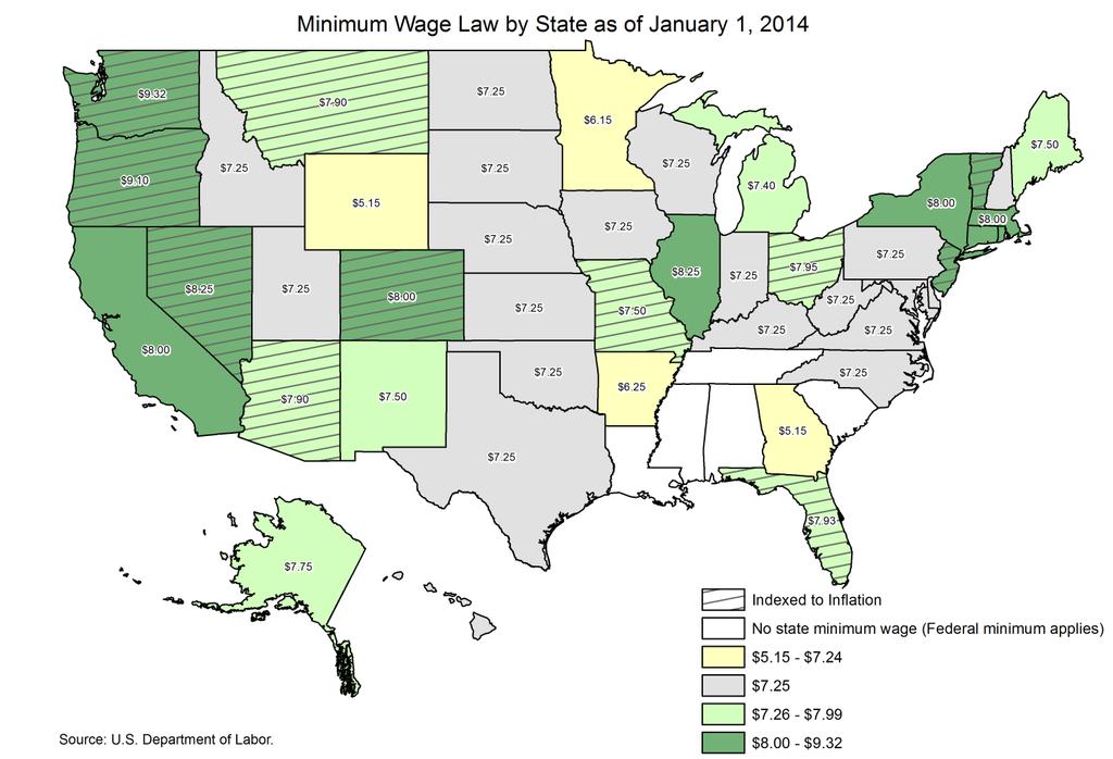 As of January 2014, 21 States + DC Have Higher Minimum Wages than the Federal and 11 States Index to Inflation During the 2013 legislative session, CA, CT, NY and RI passed