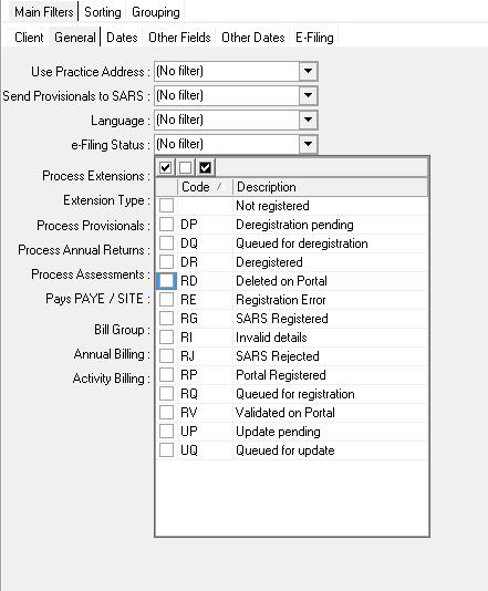 Using the efiling Status filter under the General tab, allow for easy retrieval of submission status: