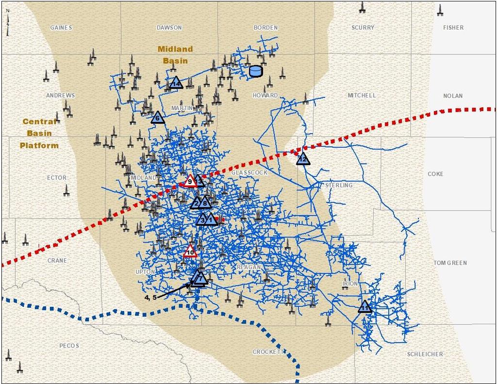 Permian Midland Basin Summary Asset Map and Rig Activity (1) Interconnected WestTX and SAOU systems located across the core of the Midland Basin JV between Targa (72.