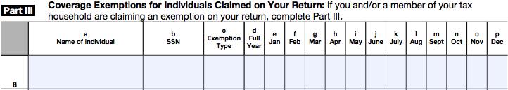 Exemptions Claimed on Tax Return Exemptions claimed in Part II of 8965 are for when the entire household income is below the tax filing threshold.