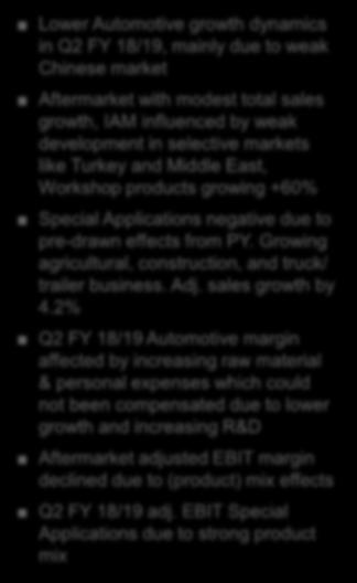 Q2 FY 18/19 Automotive business with lower growth dynamics and margin pressure Financial results 2018/19 Quarterly comparison Segment Total Sales growth (YoY)* Adj.