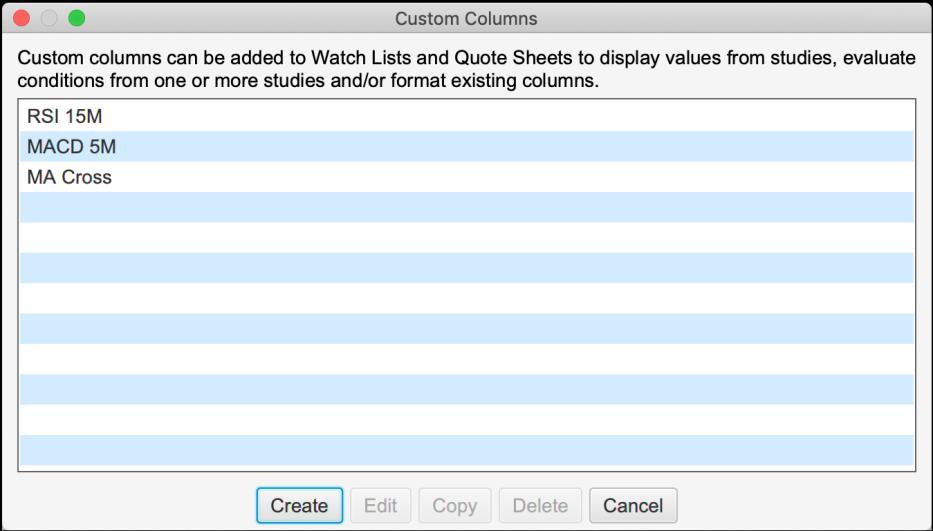 3 Custom Watch List Columns Customized columns may be defined and added to Watch Lists and Quote Sheets. These columns will display a value that is generated by built-in or custom study.