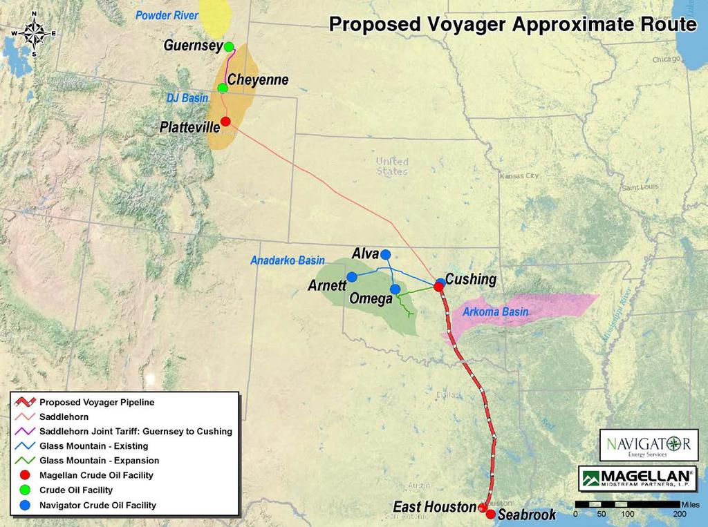 Proposed Voyager Pipeline Capacity Origin Initial: 250M bpd Expandable: 600M bpd Magellan s Cushing terminal Destinations MEH Magellan s Houston Distribution System Magellan s Seabrook Terminal Crude