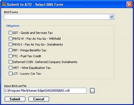 Submit the BAS to the ATO, Continued by (continued) 5. Select the appropriate form in the BAS FORMS drop down list. The OBLIGATIONS for the selected form are set, these cannot be changed. 6.